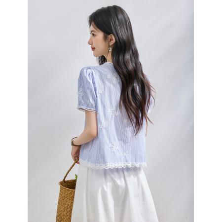 BY23019# 夏季新款圆领拼接绣花短袖衬衫女上衣夏小衫 服裝批發女裝批發服飾貨源