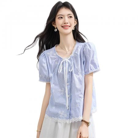 BY23019# 夏季新款圆领拼接绣花短袖衬衫女上衣夏小衫 服裝批發女裝批發服飾貨源