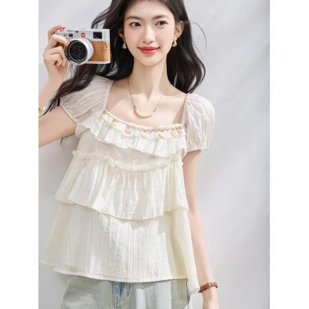 BY23021# 夏季新款方领天小衫女蛋糕织带显瘦衬衫上衣女小衫 服裝批發女裝批發服飾貨源