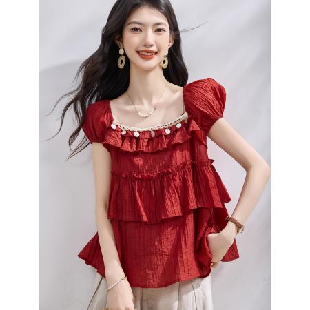 BY23021# 夏季新款方领天小衫女蛋糕织带显瘦衬衫上衣女小衫 服裝批發女裝批發服飾貨源