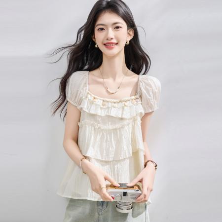 BY23021# 夏季新款方领天小衫女蛋糕织带显瘦衬衫上衣女小衫 服裝批發女裝批發服飾貨源