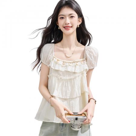 BY23021# 夏季新款方领天小衫女蛋糕织带显瘦衬衫上衣女小衫 服裝批發女裝批發服飾貨源