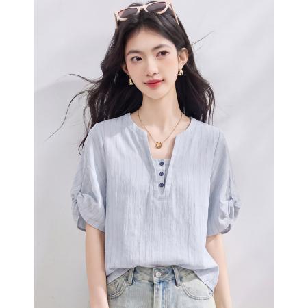BY23023# 法式衬衫女夏季新款宽松慵懒风极简气质通勤蓝色上衣女 服裝批發女裝批發服飾貨源