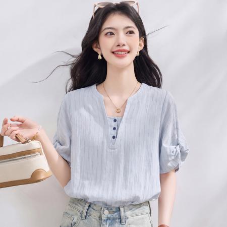 BY23023# 法式衬衫女夏季新款宽松慵懒风极简气质通勤蓝色上衣女 服裝批發女裝批發服飾貨源