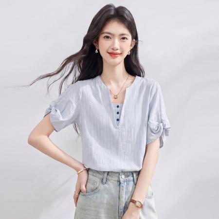 BY23023# 法式衬衫女夏季新款宽松慵懒风极简气质通勤蓝色上衣女 服裝批發女裝批發服飾貨源