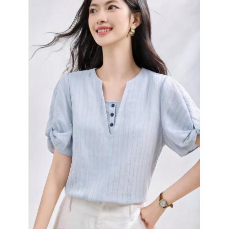 BY23023# 法式衬衫女夏季新款宽松慵懒风极简气质通勤蓝色上衣女 服裝批發女裝批發服飾貨源