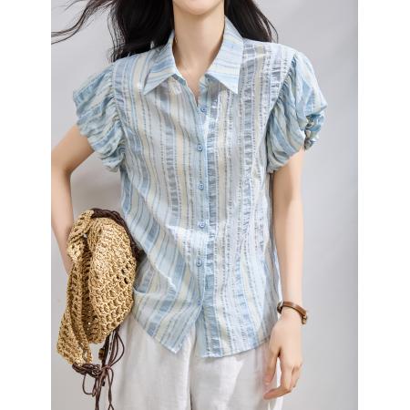 BY23024# 蓝色条纹灯笼袖衬衫女夏季新款减龄小衫chic韩系上衣 服裝批發女裝批發服飾貨源