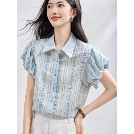 BY23024# 蓝色条纹灯笼袖衬衫女夏季新款减龄小衫chic韩系上衣 服裝批發女裝批發服飾貨源