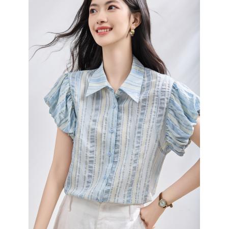 BY23024# 蓝色条纹灯笼袖衬衫女夏季新款减龄小衫chic韩系上衣 服裝批發女裝批發服飾貨源