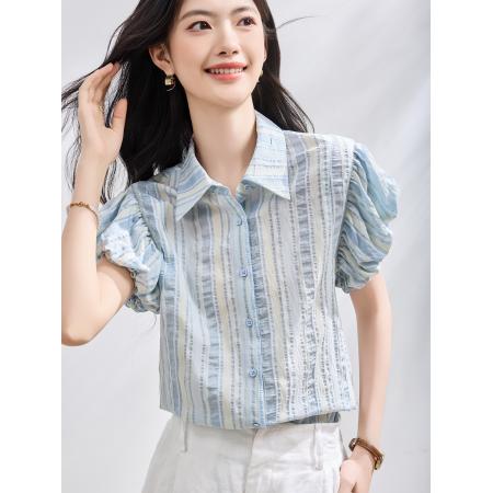 BY23024# 蓝色条纹灯笼袖衬衫女夏季新款减龄小衫chic韩系上衣 服裝批發女裝批發服飾貨源