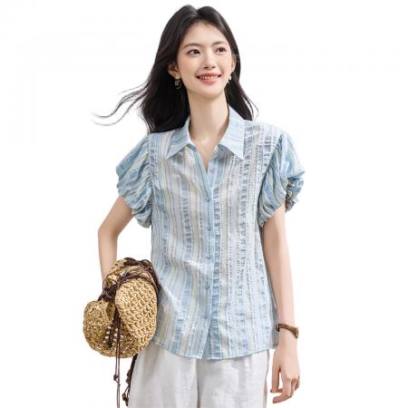 BY23024# 蓝色条纹灯笼袖衬衫女夏季新款减龄小衫chic韩系上衣 服裝批發女裝批發服飾貨源