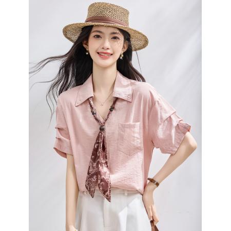 BY23025# 夏季新款丝巾领带短袖V领衬衫气质上衣 服裝批發女裝批發服飾貨源