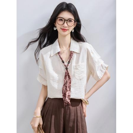 BY23025# 夏季新款丝巾领带短袖V领衬衫气质上衣 服裝批發女裝批發服飾貨源