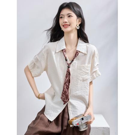 BY23025# 夏季新款丝巾领带短袖V领衬衫气质上衣 服裝批發女裝批發服飾貨源