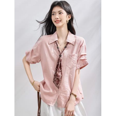 BY23025# 夏季新款丝巾领带短袖V领衬衫气质上衣 服裝批發女裝批發服飾貨源