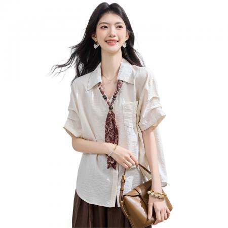 BY23025# 夏季新款丝巾领带短袖V领衬衫气质上衣 服裝批發女裝批發服飾貨源