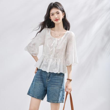 BY23028# 夏季新款方领绣花A字娃娃衫七分袖衬衫上衣 服裝批發女裝批發服飾貨源