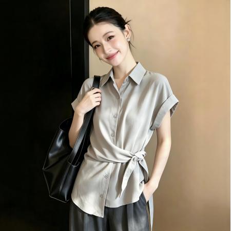 BY23040# 夏季新款气质绑带短袖polo领中长款法式衬衫上衣女 服裝批發女裝批發服飾貨源