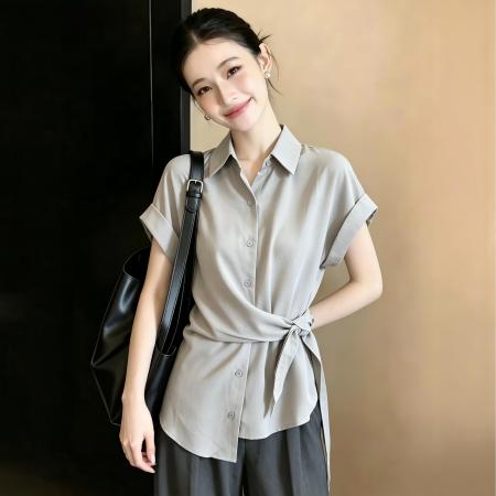 BY23040# 夏季新款气质绑带短袖polo领中长款法式衬衫上衣女 服裝批發女裝批發服飾貨源