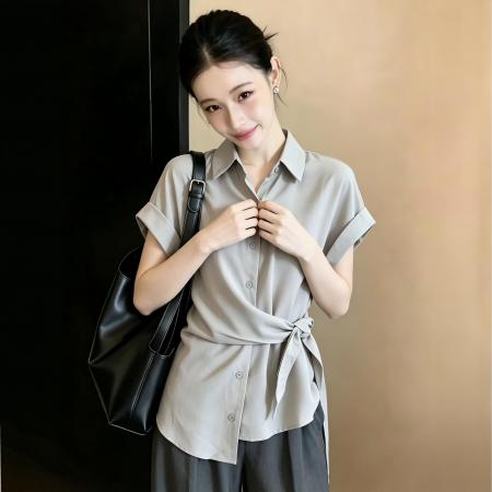 BY23040# 夏季新款气质绑带短袖polo领中长款法式衬衫上衣女 服裝批發女裝批發服飾貨源