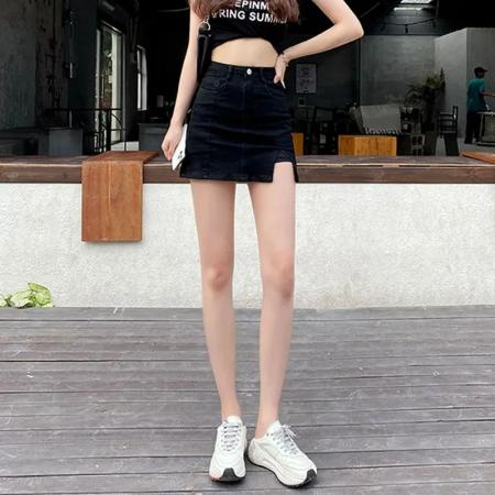 黑色ins潮流防走光弹力牛仔裙女a字包臀裙半身高腰开叉短裙女 服裝批發女裝批發服飾貨源
