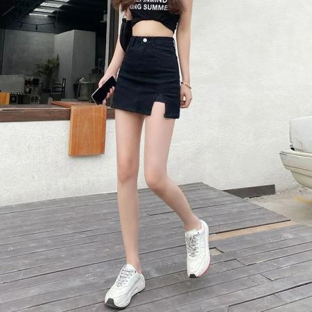 黑色ins潮流防走光弹力牛仔裙女a字包臀裙半身高腰开叉短裙女 服裝批發女裝批發服飾貨源