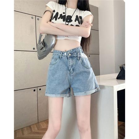 卷边不规则a字夏天百搭高腰宽松直筒ins风薄款斜扣交叉阔腿热裤子 服裝批發女裝批發服飾貨源