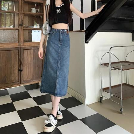 高腰复古牛仔半身裙女春夏新款设计感后开叉中长款a字牛仔裙 服裝批發女裝批發服飾貨源