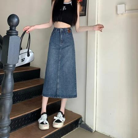 高腰复古牛仔半身裙女春夏新款设计感后开叉中长款a字牛仔裙 服裝批發女裝批發服飾貨源