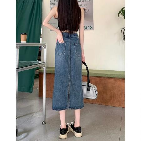 高腰复古牛仔半身裙女春夏新款设计感后开叉中长款a字牛仔裙 服裝批發女裝批發服飾貨源