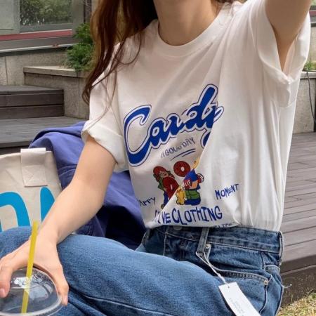 BY23056# 纯棉后包领夏装韩系短袖T恤女韩版宽松大码印花 服裝批發女裝批發服飾貨源