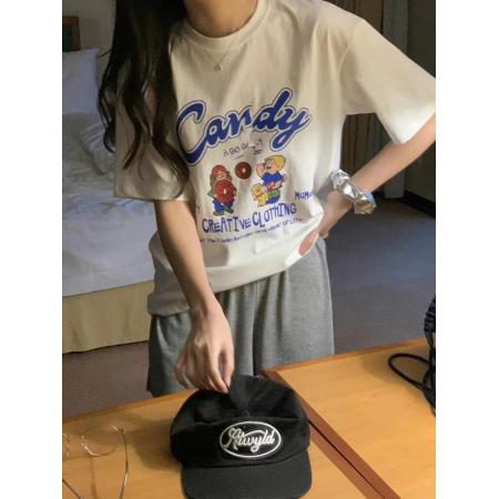 BY23056# 纯棉后包领夏装韩系短袖T恤女韩版宽松大码印花 服裝批發女裝批發服飾貨源