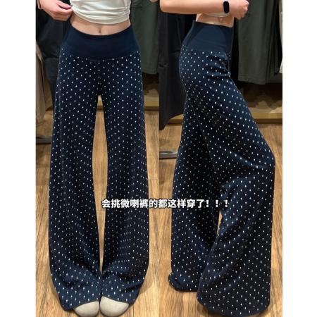 韩版波点休闲微喇裤女夏季新款高腰垂感宽松显瘦运动卫裤 服裝批發女裝批發服飾貨源