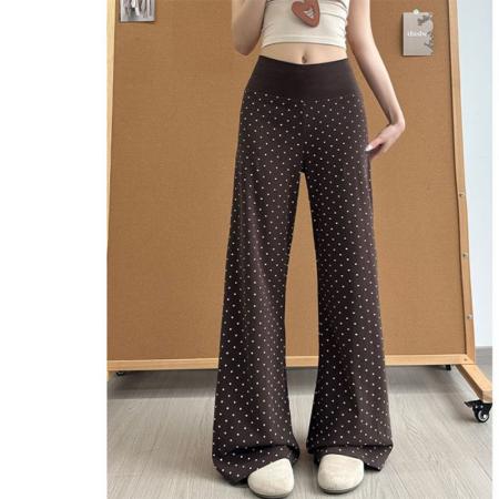 韩版波点休闲微喇裤女夏季新款高腰垂感宽松显瘦运动卫裤 服裝批發女裝批發服飾貨源