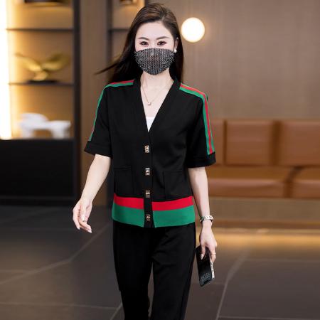大码套装女夏季新款休闲气质拼接显瘦减龄长裤两件套女 服裝批發女裝批發服飾貨源