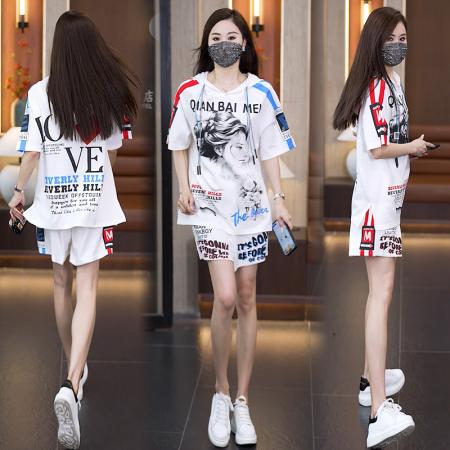 时尚大码休闲运动套装女夏季新款连帽显瘦遮肉套装 服裝批發女裝批發服飾貨源