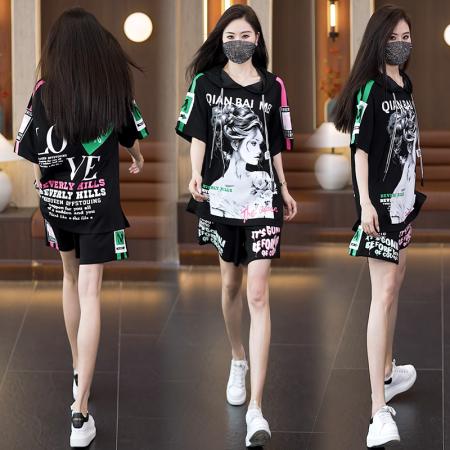时尚大码休闲运动套装女夏季新款连帽显瘦遮肉套装 服裝批發女裝批發服飾貨源