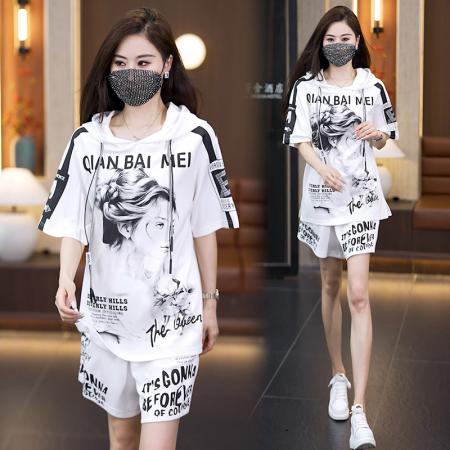 时尚大码休闲运动套装女夏季新款连帽显瘦遮肉套装 服裝批發女裝批發服飾貨源