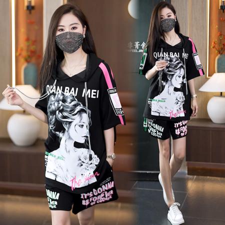 时尚大码休闲运动套装女夏季新款连帽显瘦遮肉套装 服裝批發女裝批發服飾貨源