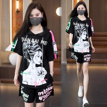 时尚大码休闲运动套装女夏季新款连帽显瘦遮肉套装 服裝批發女裝批發服飾貨源