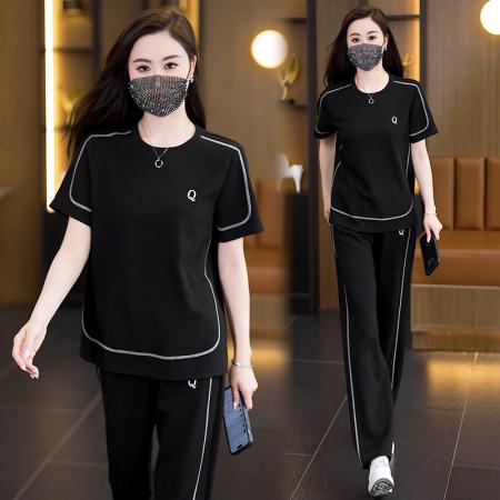 大码女装夏新款运动休闲圆领时尚宽松显瘦上衣长裤两件套 服裝批發女裝批發服飾貨源