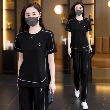 大码女装夏新款运动休闲圆领时尚宽松显瘦上衣长裤两件套 服裝批發女裝批發服飾貨源