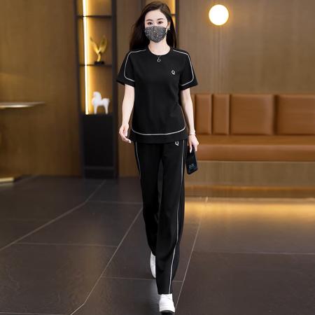 大码女装夏新款运动休闲圆领时尚宽松显瘦上衣长裤两件套 服裝批發女裝批發服飾貨源