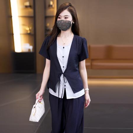 大码套装女夏季新款休闲气质假两件上衣显瘦两件套女 服裝批發女裝批發服飾貨源