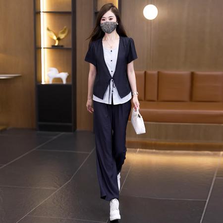 大码套装女夏季新款休闲气质假两件上衣显瘦两件套女 服裝批發女裝批發服飾貨源