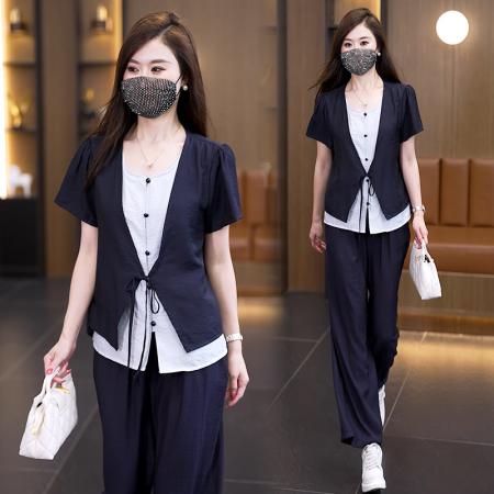 大码套装女夏季新款休闲气质假两件上衣显瘦两件套女 服裝批發女裝批發服飾貨源