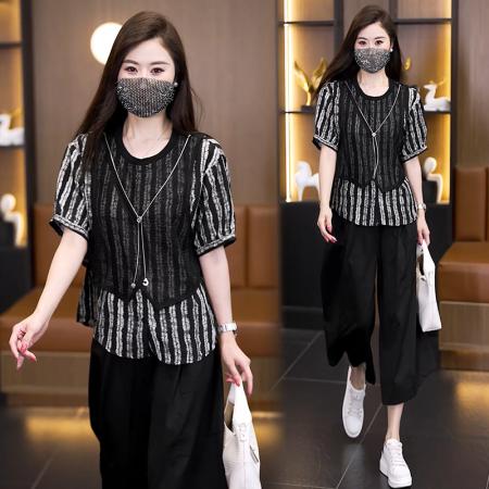 大码夏季新款休闲气质显瘦减龄假两件上衣阔腿裤两件套 服裝批發女裝批發服飾貨源