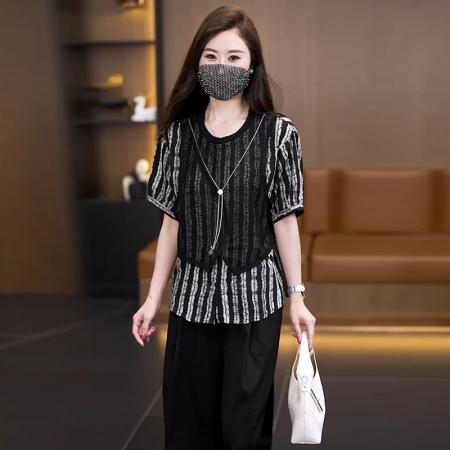 大码夏季新款休闲气质显瘦减龄假两件上衣阔腿裤两件套 服裝批發女裝批發服飾貨源