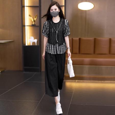 大码夏季新款休闲气质显瘦减龄假两件上衣阔腿裤两件套 服裝批發女裝批發服飾貨源