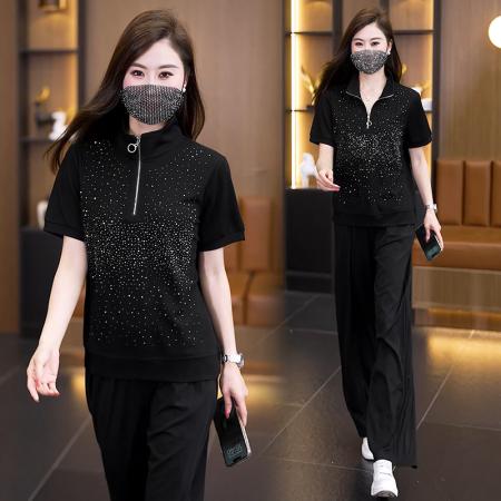休闲时尚套装夏季新款减龄显瘦立领烫钻短袖阔腿裤两件套 服裝批發女裝批發服飾貨源